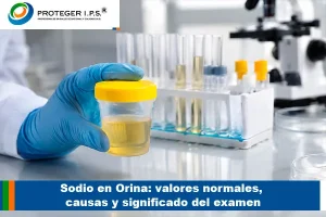 Profesional de laboratorio analizando muestra de sodio en orina.